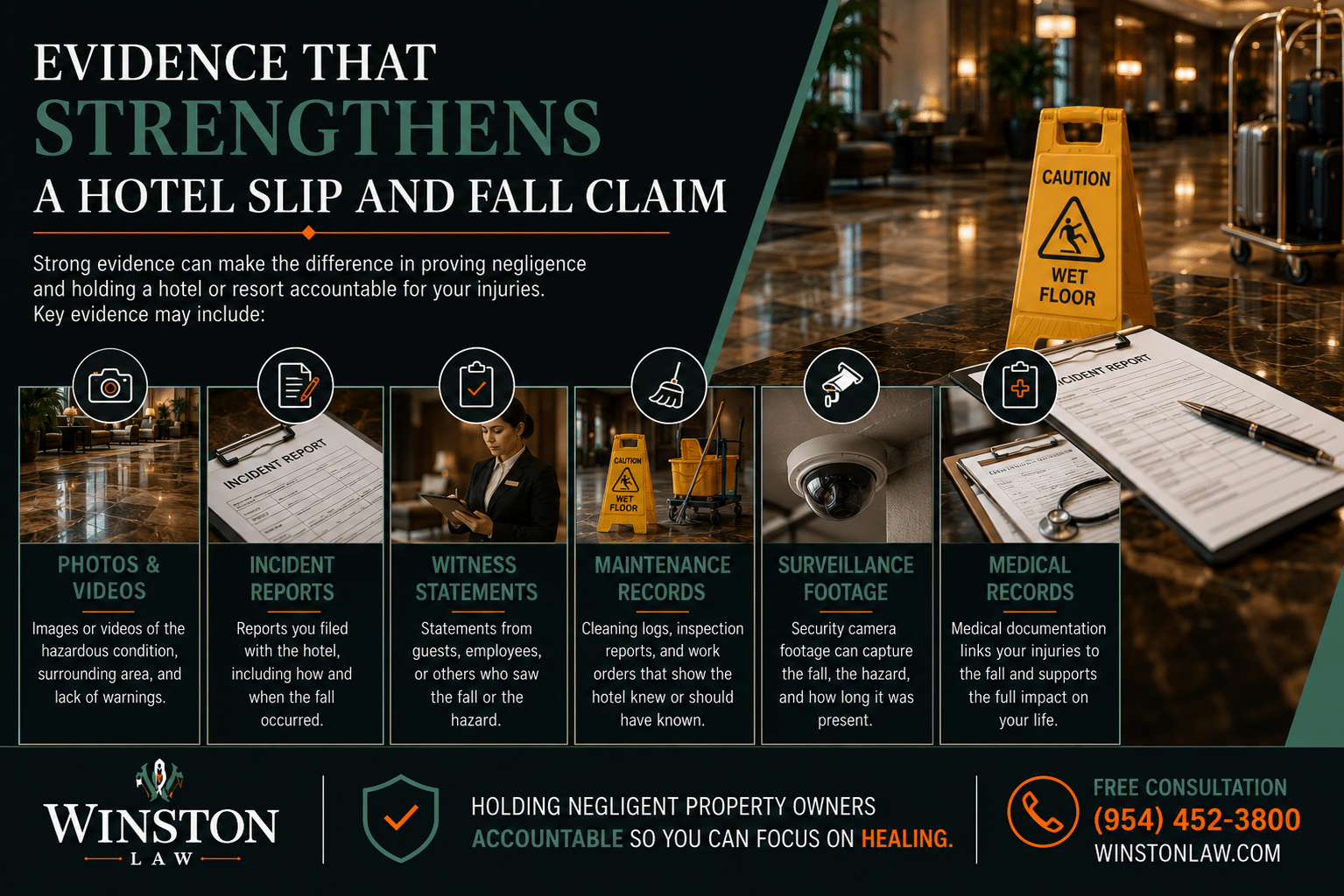 Infographic showing evidence that strengthens a hotel slip and fall claim