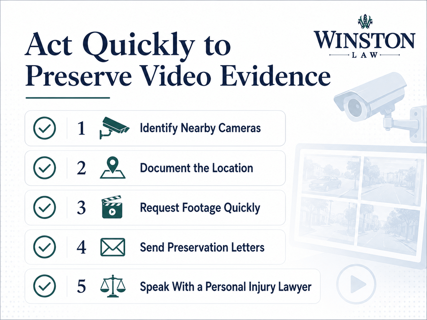 Checklist showing steps to preserve video evidence after a personal injury accident