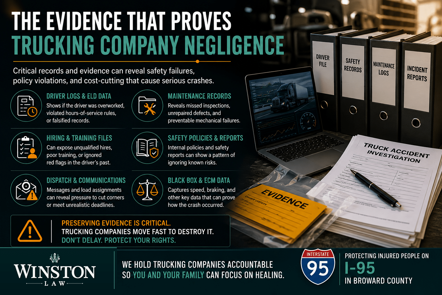Infographic showing evidence that can prove trucking company negligence in a truck accident claim