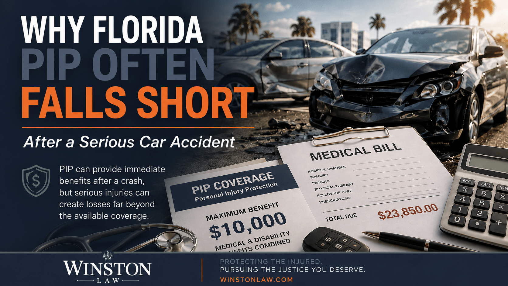 Florida car accident and insurance graphic explaining why PIP coverage may fall short after a serious crash