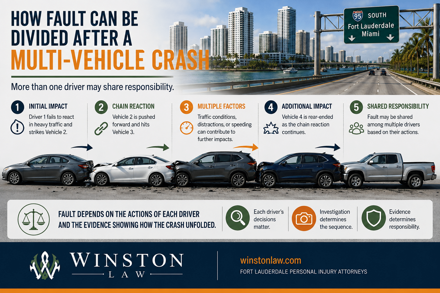 Infographic showing how fault may be divided among multiple drivers after a chain-reaction crash in Fort Lauderdale.