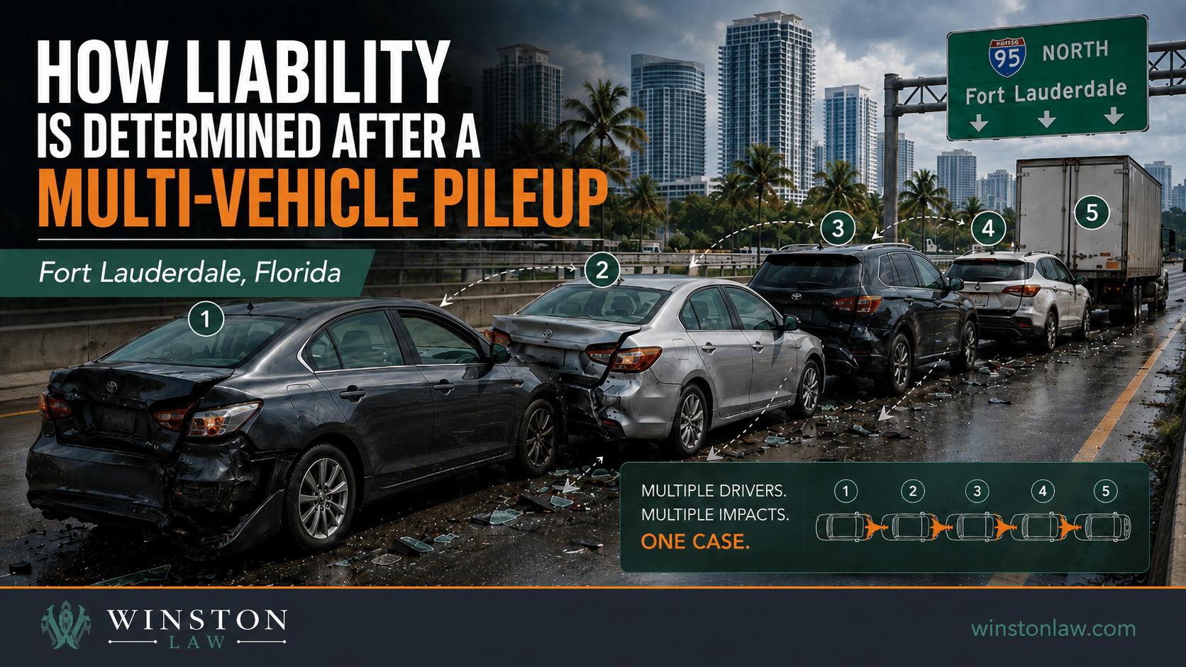 Fort Lauderdale multi-vehicle pileup infographic showing several vehicles involved in a chain-reaction crash and how liability may be divided.