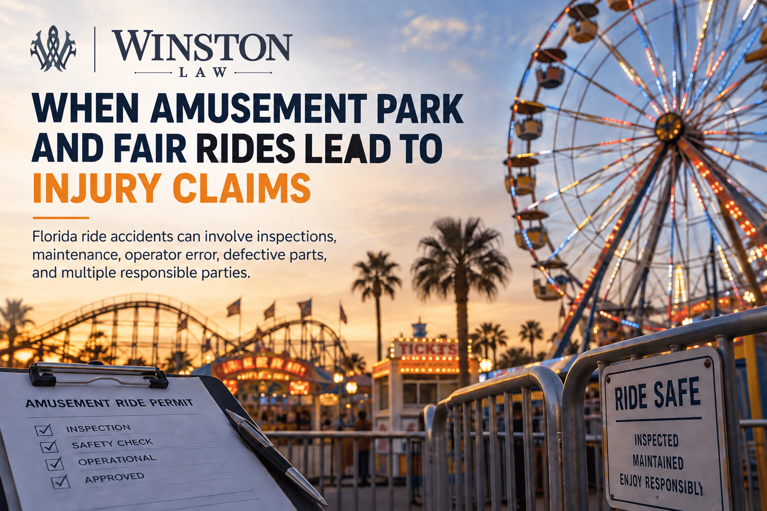 Florida amusement park and fair ride injury claims graphic showing a Ferris wheel, ride inspection checklist, and safety signage.