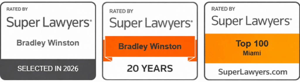 Bradley Winston Super Lawyers 2026 selection, 20 years recognized, and Top 100 Miami badges