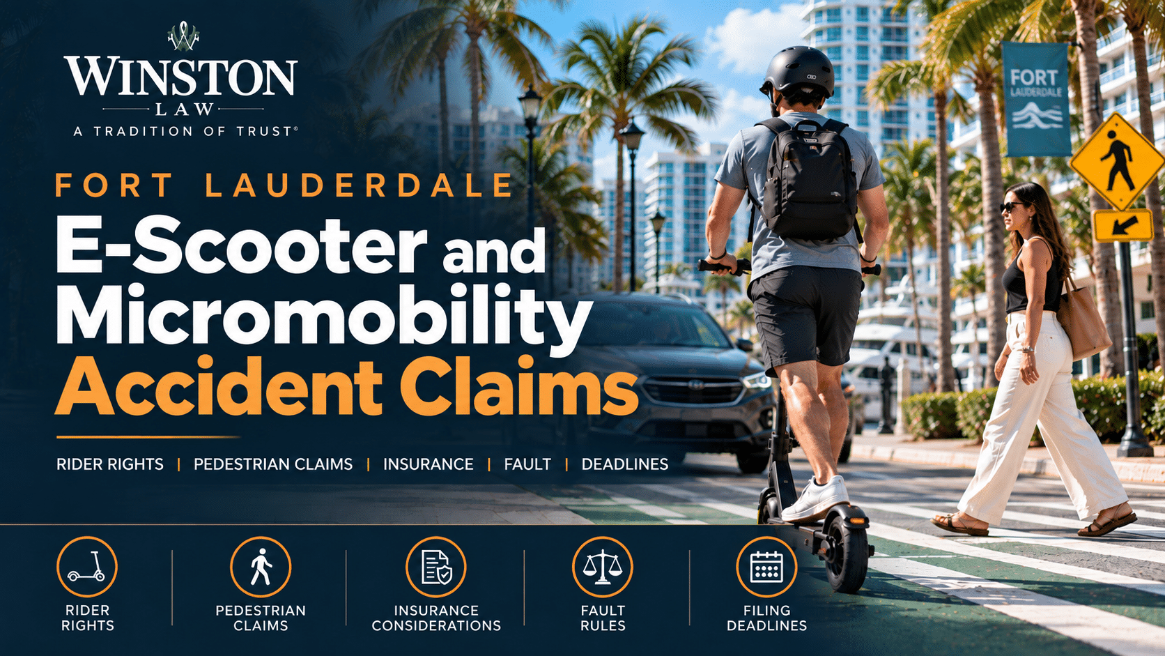 Fort Lauderdale e-scooter rider near a pedestrian and vehicle illustrating micromobility accident claims