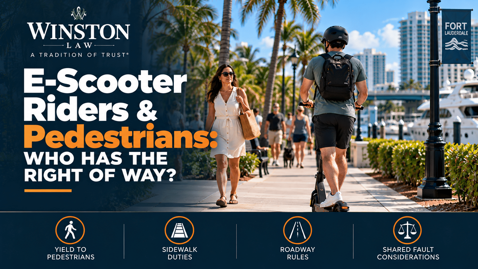 E-scooter rider and pedestrian on a Fort Lauderdale sidewalk illustrating right-of-way and shared-fault issues