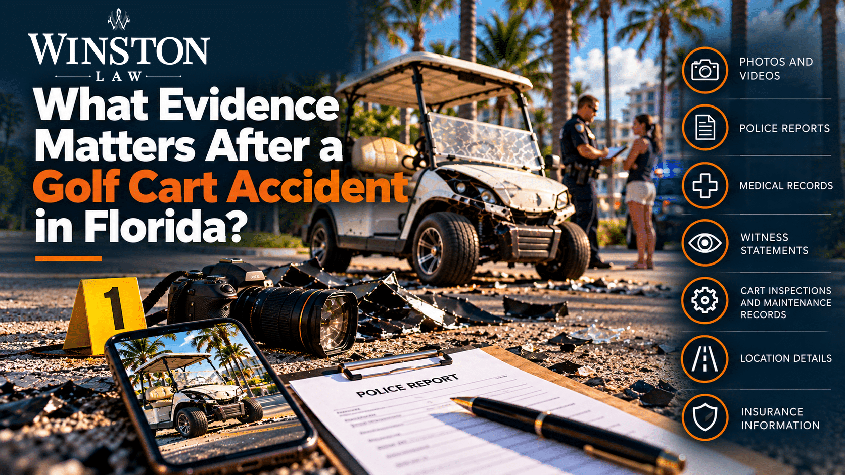 Golf cart accident scene with evidence documentation and Winston Law branding