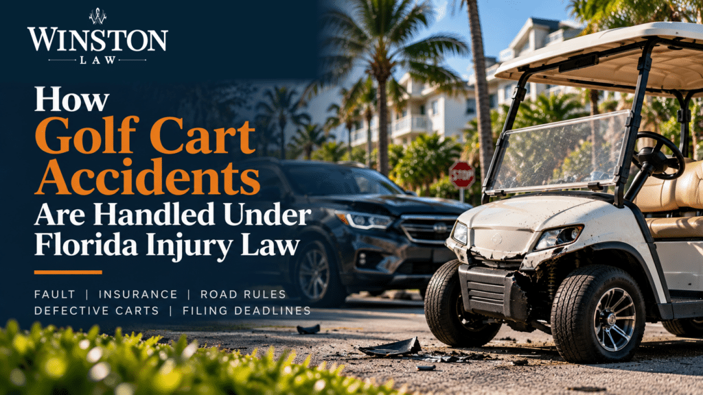 Damaged golf cart after a Florida roadway accident with Winston Law branding