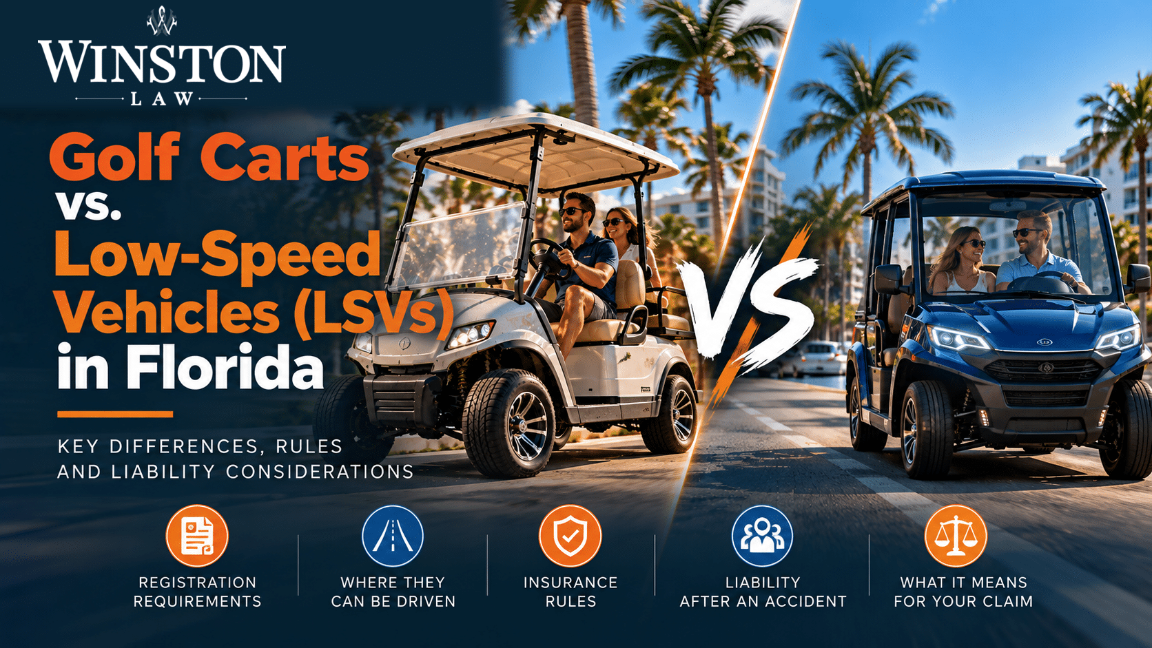 Florida golf cart and low-speed vehicle comparison with Winston Law branding